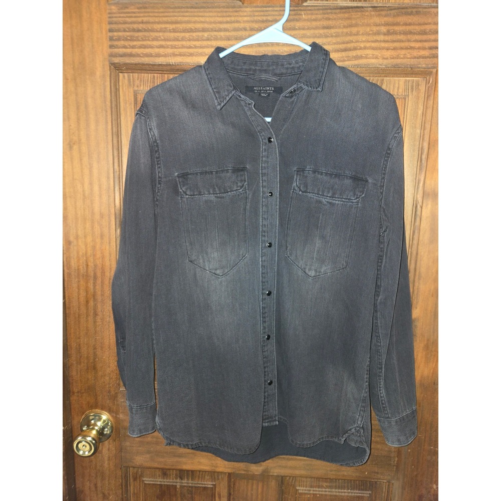AllSaints Octavia Military Shirt Faded Black Denim Button Down WH241J US 4 UK 8